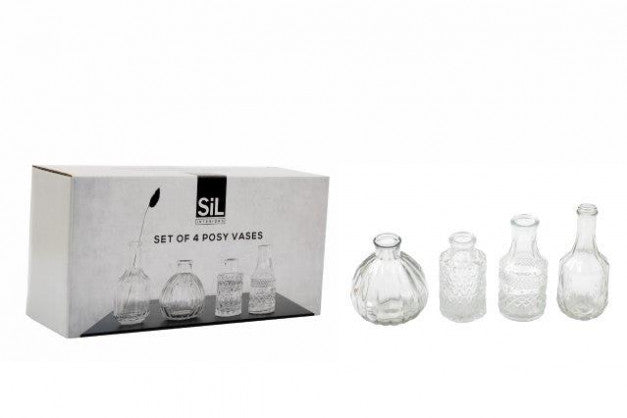 Gift Boxed S/4 Clear Glass Posy Bottles