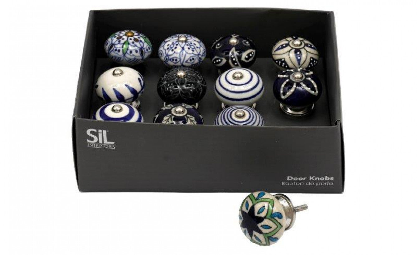 Box of 12 Blue and White Mixed Door Knobs