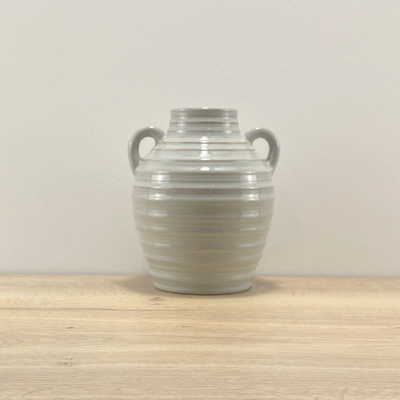 Small Grey Ribbed Vase with Handles