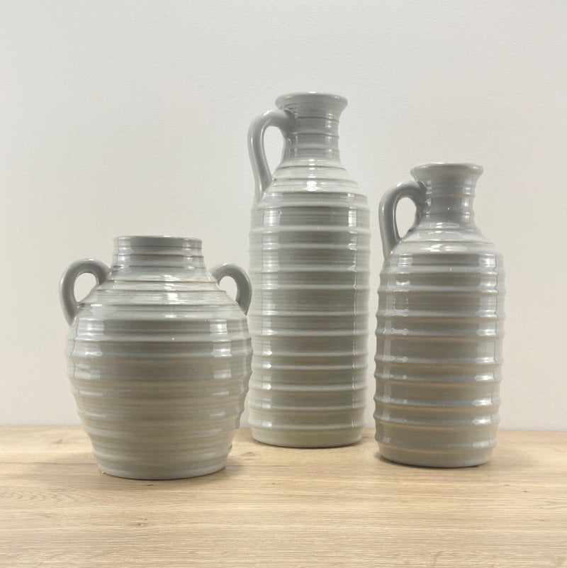 Small Grey Ribbed Vase with Handles