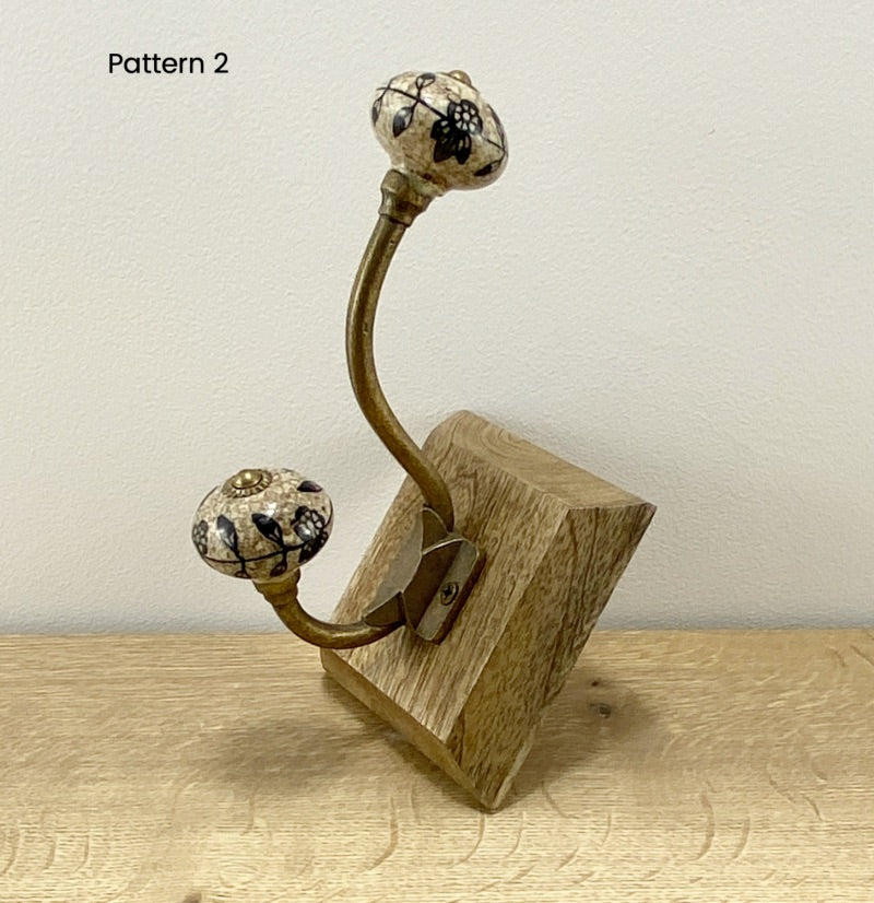 Wood and Ceramic Coat Hook in Black/White Pattern