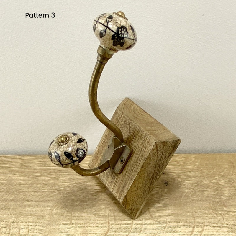 Wood and Ceramic Coat Hook in Black/White Pattern