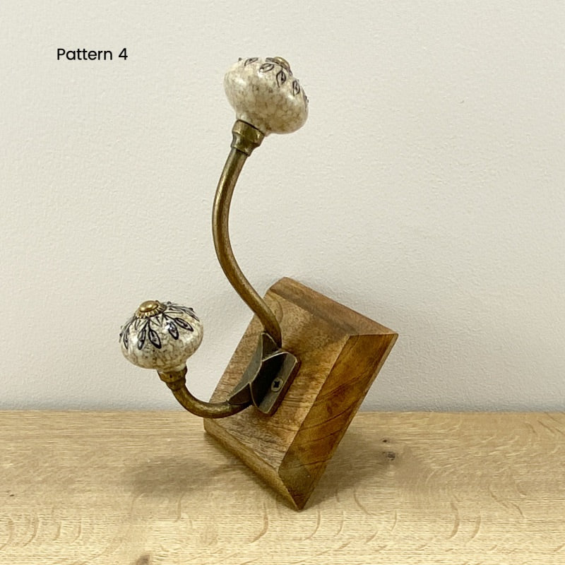 Wood and Ceramic Coat Hook in Black/White Pattern