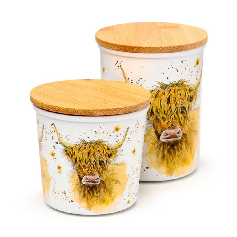 Jan Pashley Highland Cow Set of 2 RPET & Bamboo Storage Jars S/M
