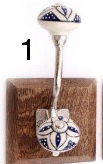 Single Blue/White Patterned Hook with Wooden Base