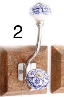 Single Blue/White Patterned Hook with Wooden Base
