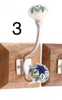 Single Blue/White Patterned Hook with Wooden Base