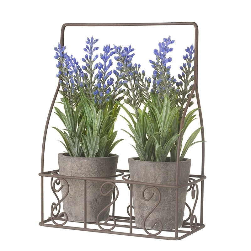 Lavender Pots In Metal Swirls Holder