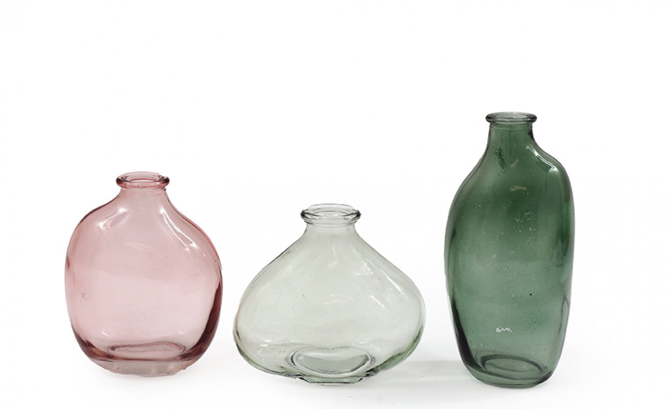 Boxed set of 3 Glass Posey Vases in Green/Pink