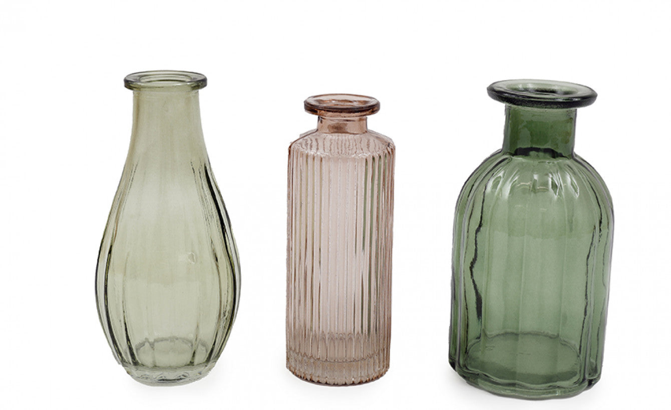 Boxed Set of 3 Glass Posey Vases in Green/Pink