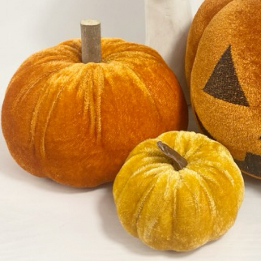 Dark Orange Velvet Style Pumpkin Decoration with Stem – Small, Medium & Large