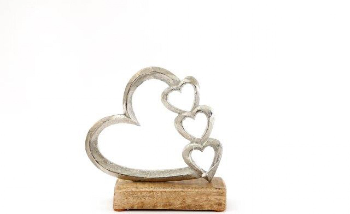 Silver Hearts On Wooden Base - Small