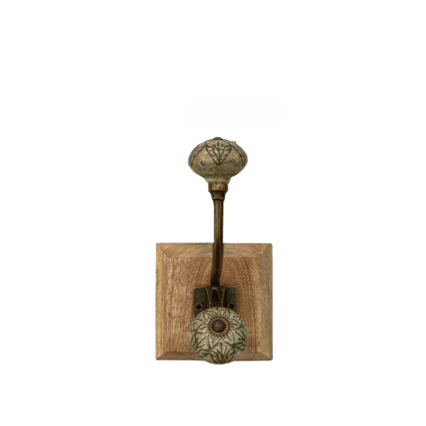 Green Ceramic Coat Hook on Wooden Base in 4 Designs