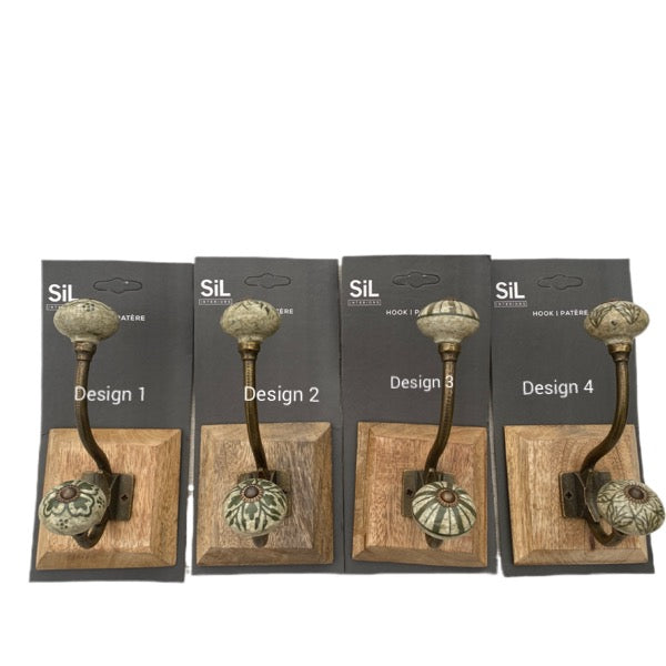 Green Ceramic Coat Hook on Wooden Base in 4 Designs