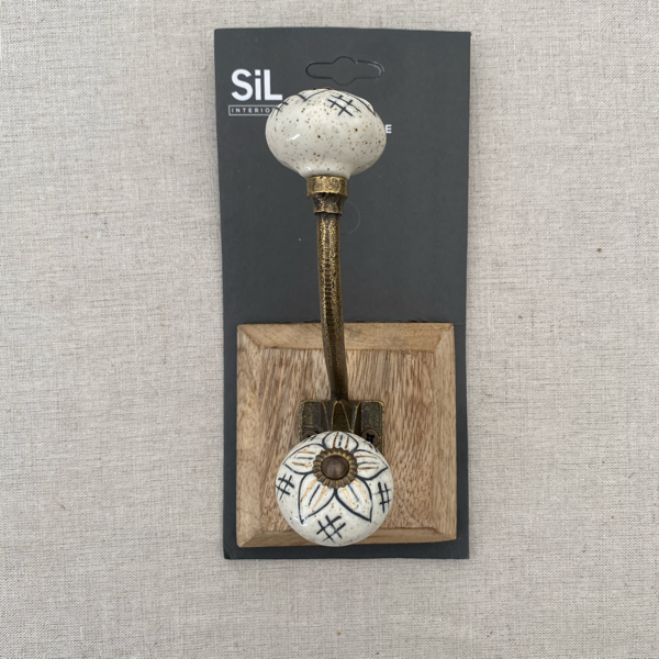 Wood and Ceramic Coat Hook in Cream/Gold Colour in 3 Designs