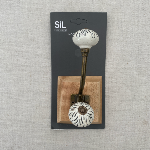 Wood and Ceramic Coat Hook in Cream/Gold Colour in 3 Designs