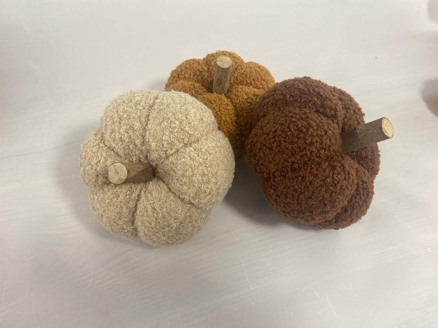 Cream Sherpa Pumpkin Decoration with Wooden Stem – Small & Medium