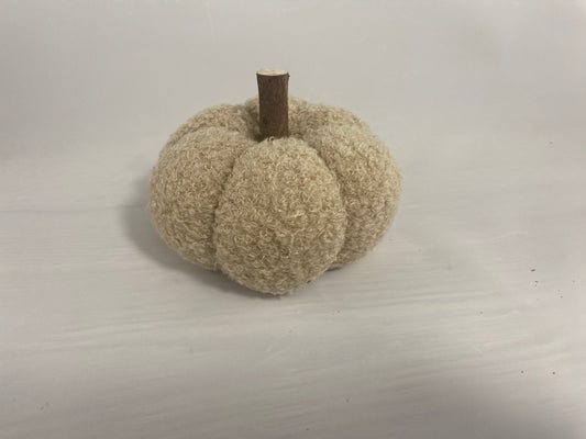 Cream Sherpa Pumpkin Decoration with Wooden Stem – Small & Medium