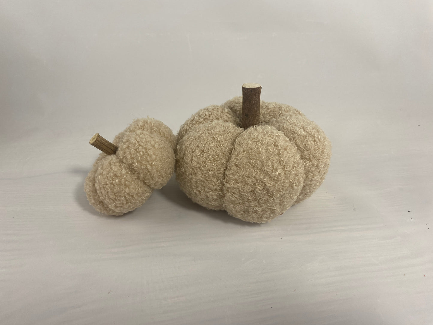 Cream Sherpa Pumpkin Decoration with Wooden Stem – Small & Medium