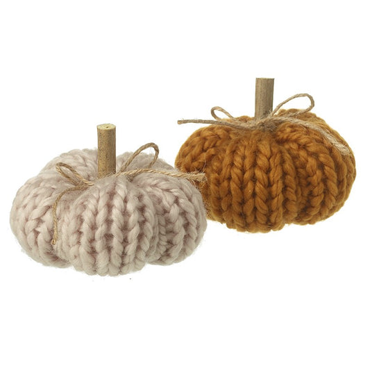 Wool Knitted Pumpkin with Wooden Stem 9cm in Cream or Brown