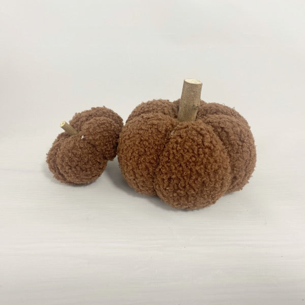 Dark Brown Sherpa Pumpkin Decoration with Wooden Stem – Small & Medium