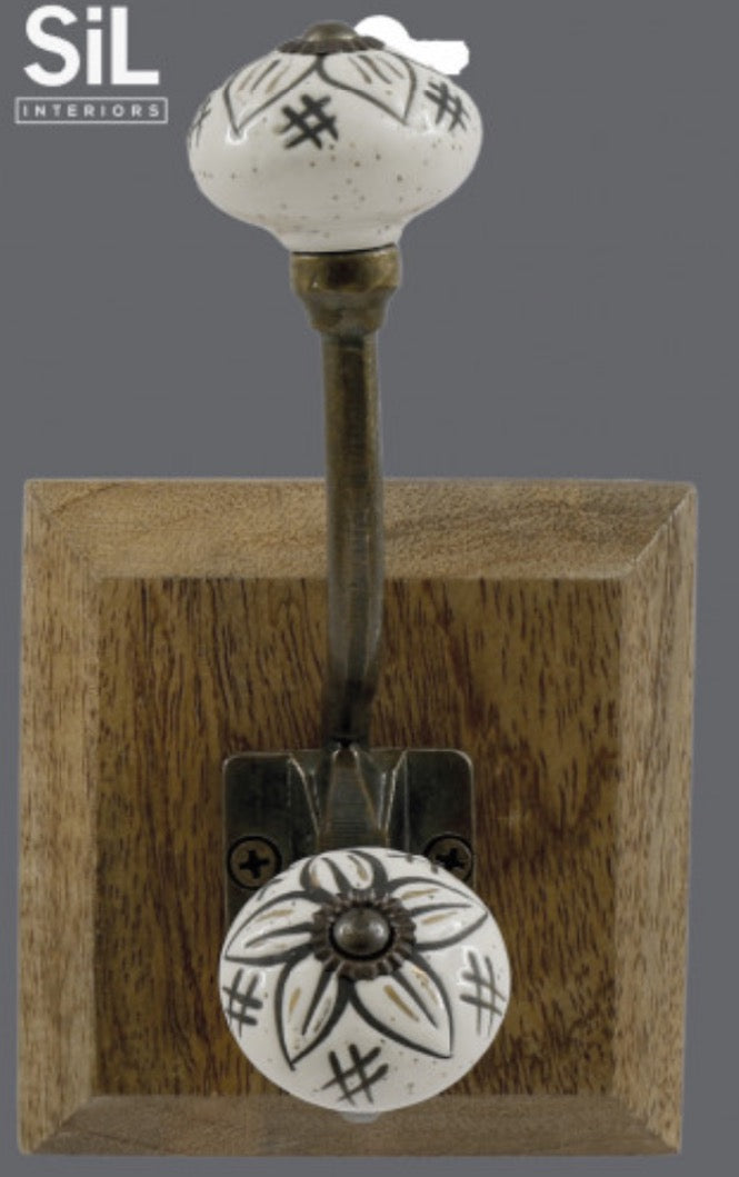 Single Cream/Gold Ceramic Hook on Wooden Base