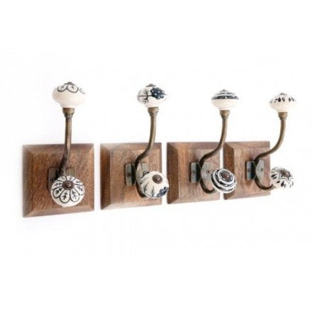 Wood and Ceramic Coat Hook in Black/White Pattern