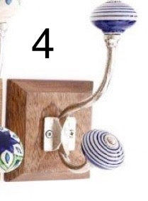 Single Blue/White Patterned Hook with Wooden Base