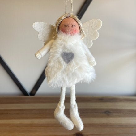 Faux Fur Hanging Angel in White
