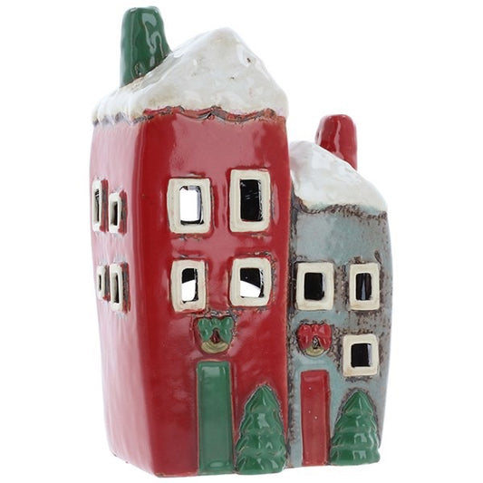 Village Pottery Xmas Red/Grey Two House Tealight.