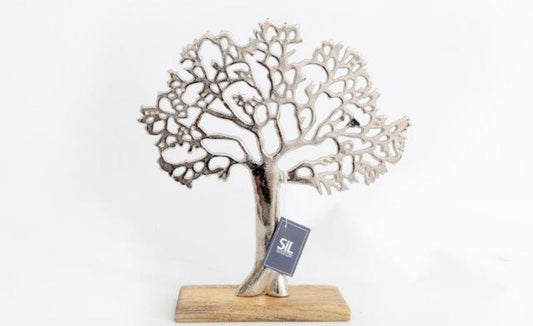 Silver Tree on Wood Base Medium